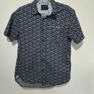 Sunrise Kingdom Mens Blue White Ditsy Floral Short Sleeve Button Up Shirt Medium